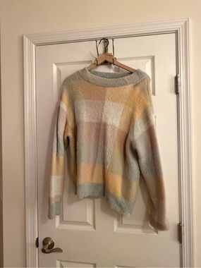 Ann Taylor Pastel Plaid Crewneck Sweater - Mint, Yellow & Pink